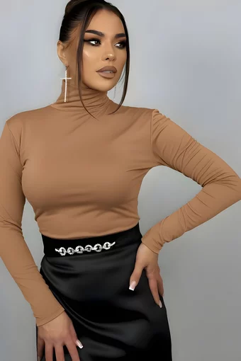 Maleta de Dama, din Lycra, cu Cret pe Umar si Maneci Lungi, Hauston, Maro Camel