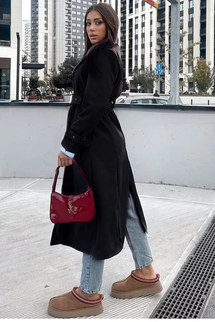 Palton Midi, de Dama, cu Centura in Talie si Crapatatura la Spate, January, Negru