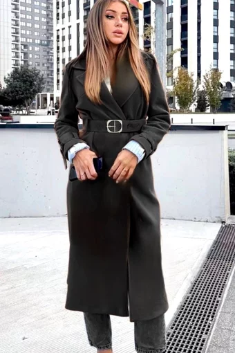 Palton Midi, de Dama, cu Centura in Talie si Crapatatura la Spate, January, Negru