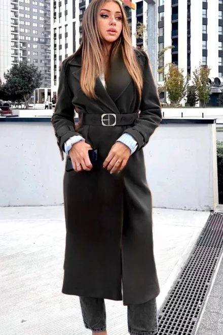 Palton Midi, de Dama, cu Centura in Talie si Crapatatura la Spate, January, Negru