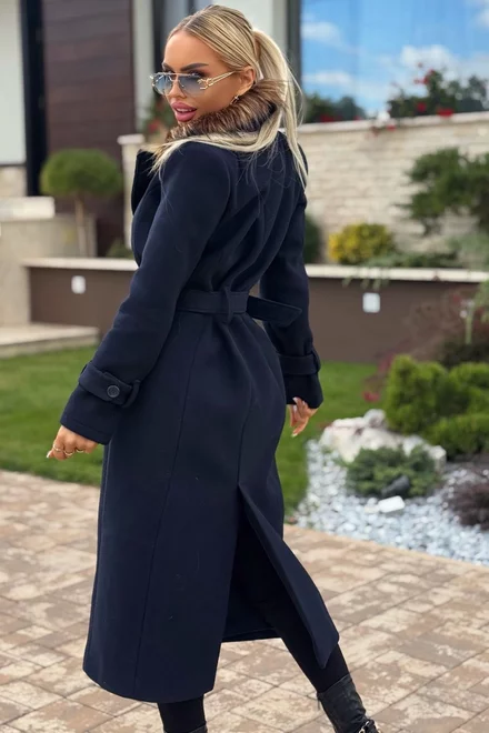 Palton Midi de Dama, din Stofa, cu Centura in Talie si Guler din Blana Detasabil, Buennos, Bleumarin