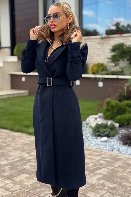 Palton Midi de Dama, din Stofa, cu Centura in Talie si Guler din Blana Detasabil, Buennos, Bleumarin