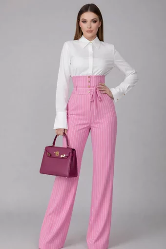 Pantalon de Dama, cu Talie Inalta, din Bistrech, cu Dungi, Belazzia, Roz