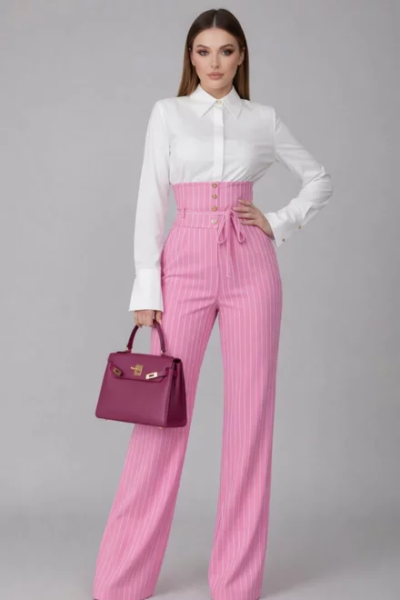 Pantalon de Dama, cu Talie Inalta, din Bistrech, cu Dungi, Belazzia, Roz