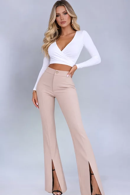 Pantalon de Dama, din Bistrech, cu Talie Inalta si Crapaturi, Favorittes, Bej