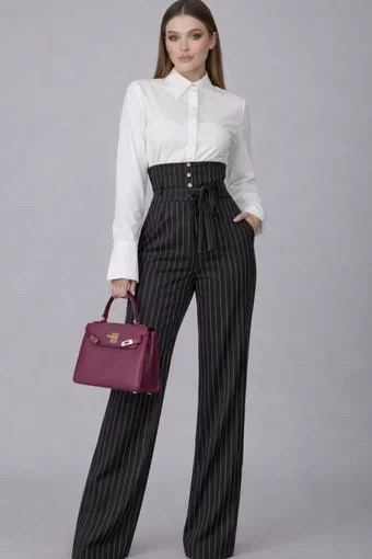 Pantalon de Dama, din Bistrech, cu Talie Inalta si Dungi Albe, Darrys, Negru