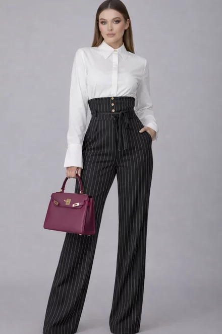 Pantalon de Dama, din Bistrech, cu Talie Inalta si Dungi Albe, Darrys, Negru