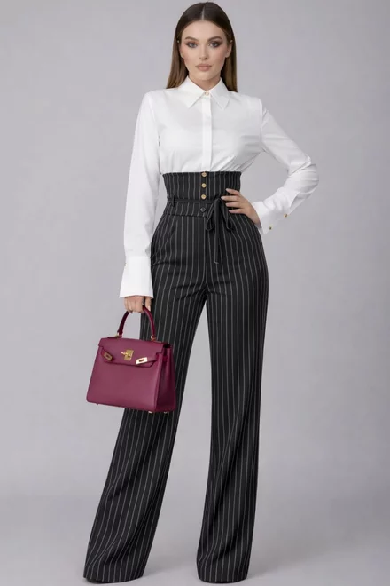 Pantalon de Dama, din Bistrech, cu Talie Inalta si Dungi Albe, Darrys, Negru