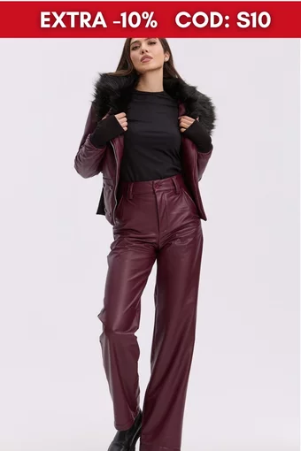 Pantalon de Dama, din Piele Ecologica, Croi Lejer si Talie Inalta, Azzurro, Burgundy