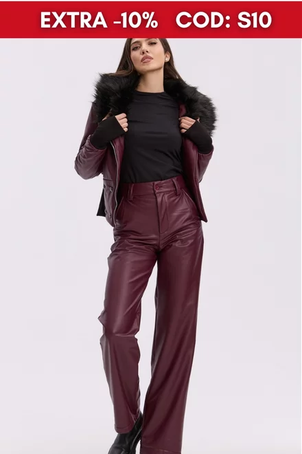 Pantalon de Dama, din Piele Ecologica, Croi Lejer si Talie Inalta, Azzurro, Burgundy
