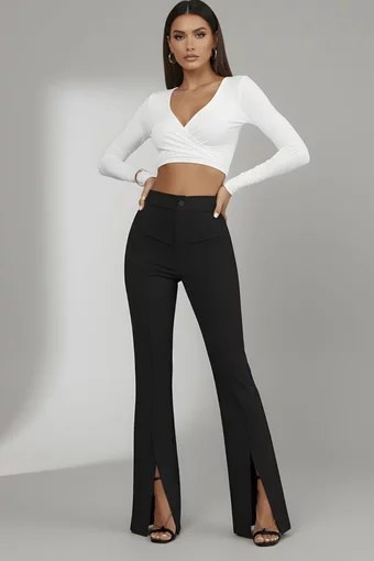 Pantalon Evazat de Dama, din Bistrech, cu Talie Inalta si Crapaturi Stilate , Elaris, Negri