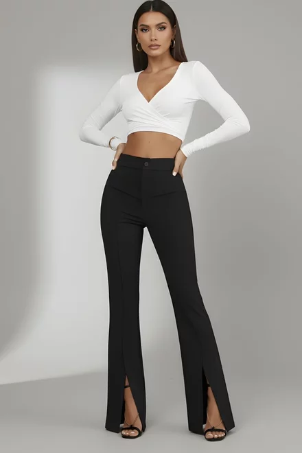 Pantalon Evazat de Dama, din Bistrech, cu Talie Inalta si Crapaturi Stilate , Elaris, Negri