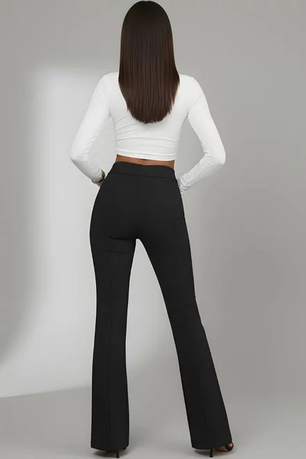 Pantalon Evazat de Dama, din Bistrech, cu Talie Inalta si Crapaturi Stilate , Elaris, Negri