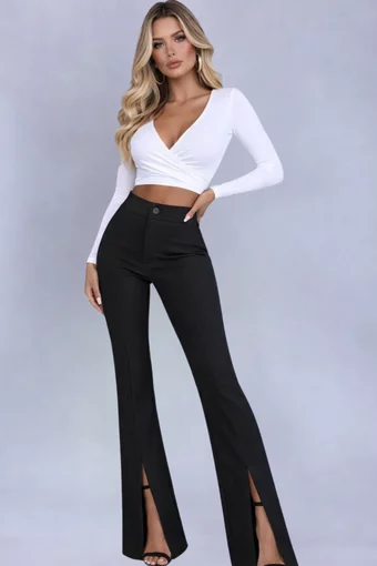 Pantalon Evazat de Dama, din Bistrech, cu Talie Inalta si Crapaturi Stilate , Elaris, Negri