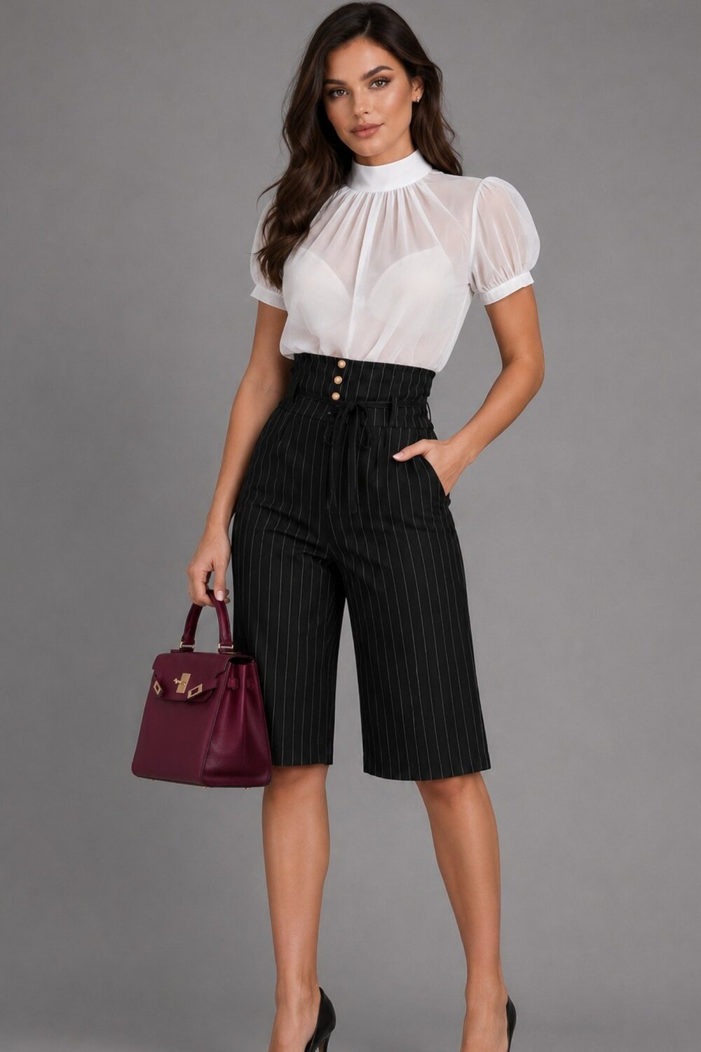 Pantalon Trei Sferturi De Dama, Din Bistrech, Cu Talie Inalta, Vamos, Negru
