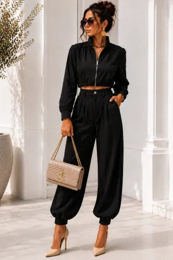 Compleu de Dama, din Bistrech, Doua Piese, Jacheta si Pantalon, Jacky, Negru