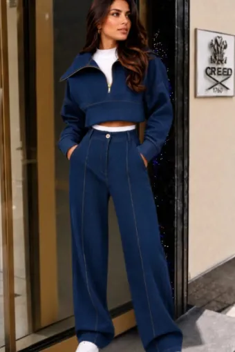 Compleu de Damă, din Blug, Bluză Crop și Pantaloni cu Betelie Albă, Azzur, Blue