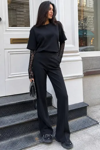 Compleu de Dama, din Bumbac, Doua Piese, Tricou cu Maneci din Dantela si Pantaloni cu Cusaturi Evidentiate, Zelyos, Negru