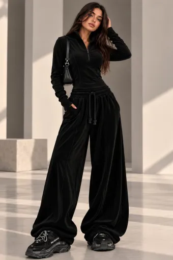 Compleu de Dama, din Catifea, Hanorac si Pantalon Lejer, Cargo, Negru