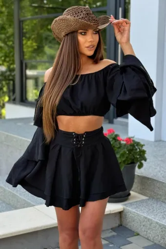 Compleu de Dama, din Tesatura Tip In, Top Scurt si Fusta cu Siret Reglabil, Anoilze, Negru