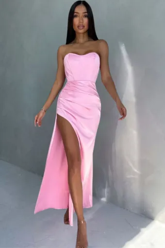 Rochie Dama Eleganta, din Satin, cu Corset Incheiat in Siret pe Spate si Crapatura Adanca, MyPearl, Roz