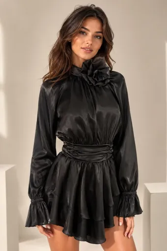 Rochie de Dama, Scurta, cu Maneci Lungi si Volane, din Satin, Xalya, Neagru