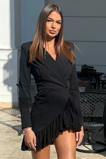 Rochie de Dama, Tip Sacou, Petrecuta, cu Volane pe Tiv, Barbarra, Neagra
