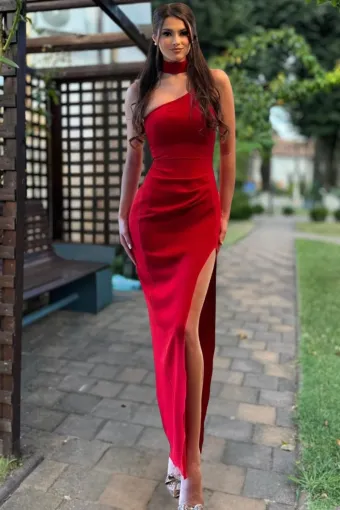 Rochie Eleganta, Fara Maneci, cu Prindere dupa Gat si Crapata pe Picior, Dandelyons, Rosie