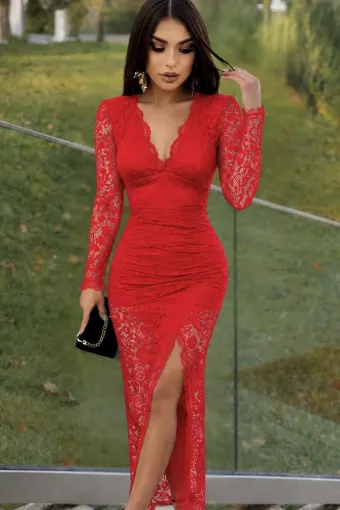 Rochie Lunga de Dama, din Dantela, cu Maneci Lungi și Decolteu, Velmirra, Rosu
