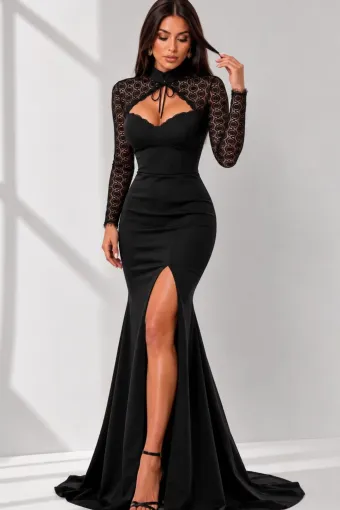Rochie Lunga de Dama, din Lycra, Tip Sirena, cu Maneci din Dantela, Andre, Negru