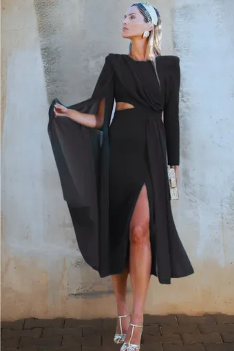 Black Friday - Reduceri Rochie Midi de Dama, Eleganta, Decupata in Talie si cu o Maneca Butterfly, Sydonia, Neagra Promotie - Foggi.ro