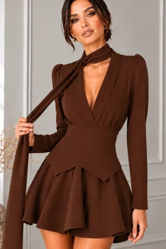 Rochie Scurta de Dama, din Bistrech, cu Brau Detasabil si Esarfa, Inndia, Maro