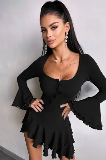 Rochie Scurta de Dama, din Crep Elastic, cu Maneci Lungi Tip Clopot si Volane, Burbberry, Neagra