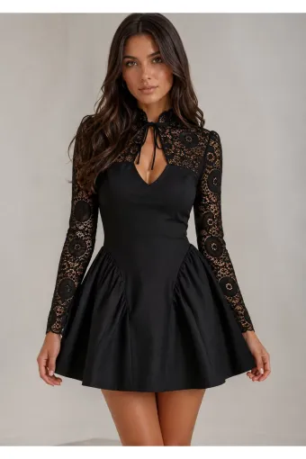 Rochie Scurta de Dama ,din Lycra , Accesorizata cu Dantela ,Sarah, Negru