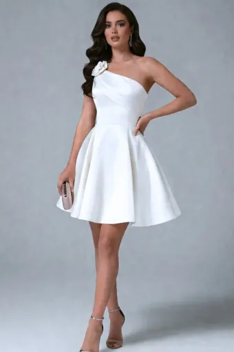 Rochie Scurta de Dama, din Tafta, Accesorizata cu Floare, pe Umar, Evanya, Alba