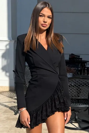 Rochie Scurta de Dama, Tip Sacou, din Bistrech, cu Volane din Dantela, Dakota, Negru