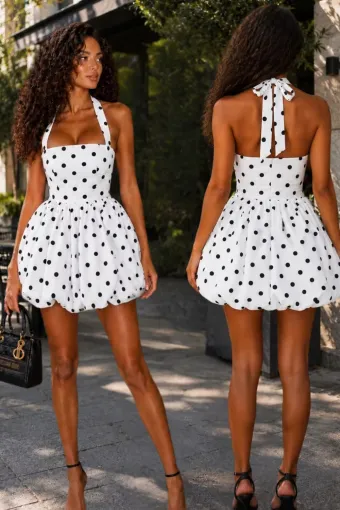 Rochie Scurta Tip Gogosar, cu Buline, din Crep Elastic, cu Prindere Cordon, Riviera, Ivoire