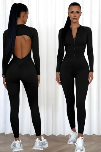 Salopeta de Dama, din Lycra, cu Maneci Lungi si Spate Gol, Cat Woman , Neagra