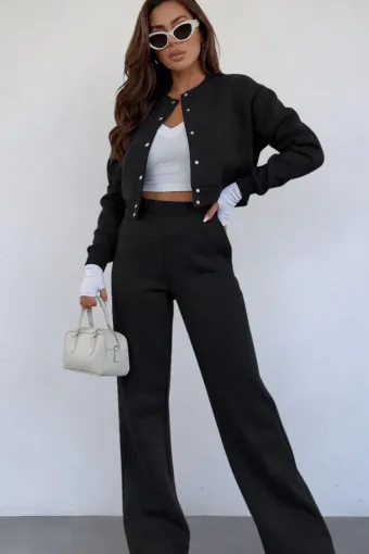 Trening de Dama, din Bumbac, Jacheta cu Inchidere Capse si Pantalon cu Buzunare, Vangelis, Negru