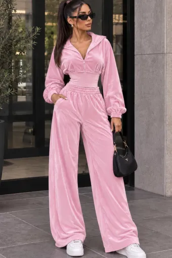 Trening de Dama, din Catifea, Doua Piese, Hanorac si Pantaloni Lejeri, Force, Roz Bon-Bon