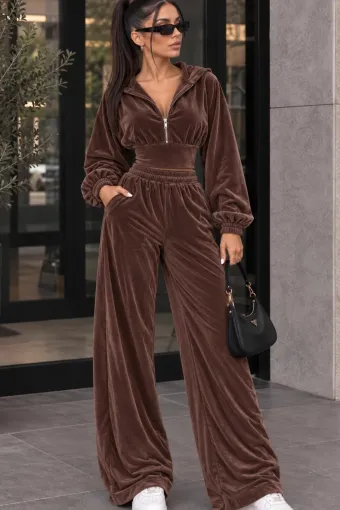 Trening de Dama, din Catifea, Hanorac cu Brau Tip Corset si Pantalon Lung, Amaretto, Maro
