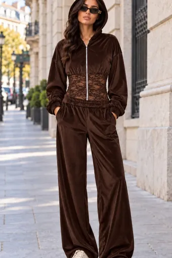 Trening din Catifea, Hanorac cu Brâu Tip Corset din Dantela si Pantaloni Lungi, Nirvany, Maro