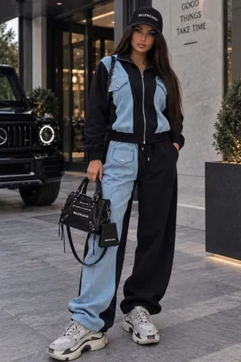Trening Lejer de Dama, din Bumbac cu Insertii din Blug, Jacheta si Pantalon cu Buzunare, North, Blue