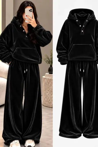 Trening Lejer din Catifea, Hanorac Lejer cu Gluga si Pantalon Lejer, Supper, Negru