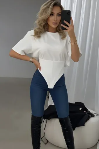 Tricou Oversize de Dama, cu Maneca Scurta si Corset, Rubby, Alb