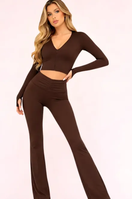 Compleu de Dama, din Lycra, Bluza Scurta cu Fermoar si Pantaloni Evazati, Nova, Maro Inchis