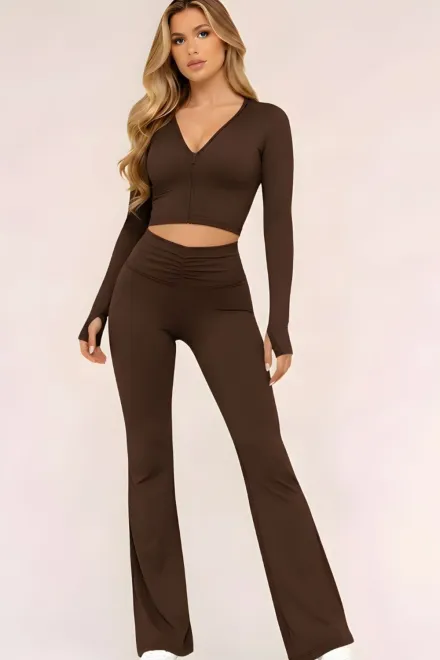 Compleu de Dama, din Lycra, Bluza Scurta cu Fermoar si Pantaloni Evazati, Nova, Maro Inchis