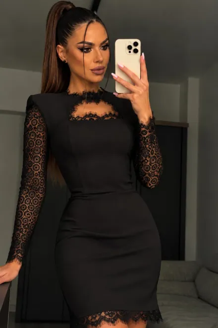 Rochie de Dama, Scurta, din Lycra, Accesorizata cu Dantela Neagra si Maneci Lungi, Casyyo, Neagru