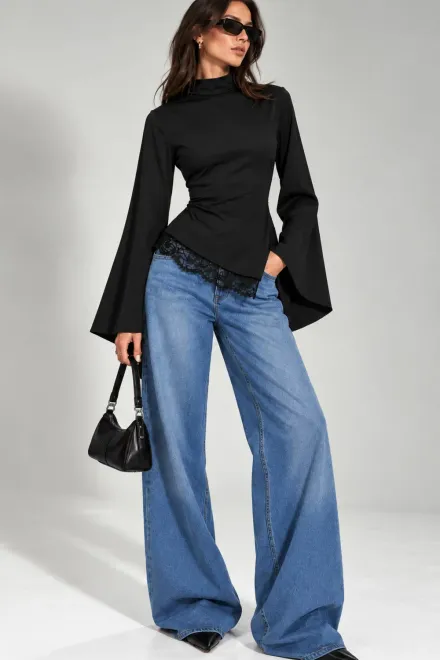 Bluza Asimetrica de Dama, din Lycra , Accesorizata cu Dantela , Meryem, Negru