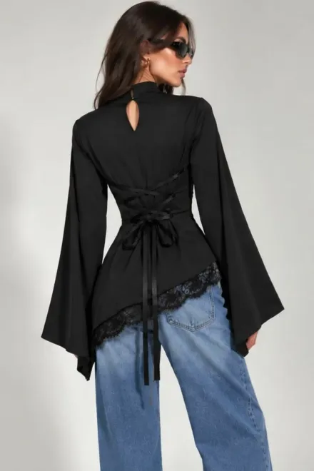 Bluza Asimetrica de Dama, din Lycra , Accesorizata cu Dantela , Meryem, Negru